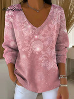 Pink Snowflakes Printed Casual V-neck Sweater