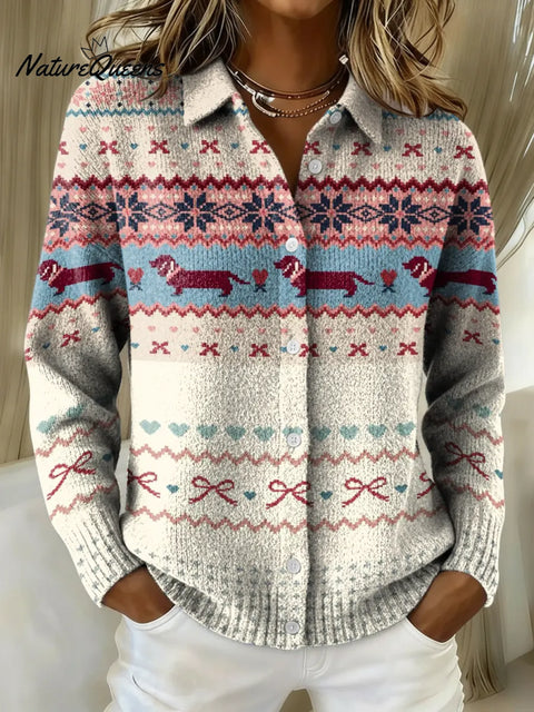 Women's Retro Cute Puppy Printed Collared Sweater