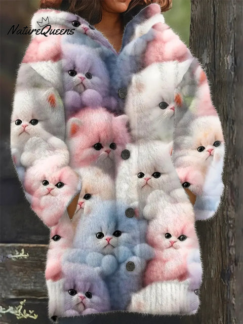 Cozy Cute Cats  Art Print Casual Plush Warm Coat