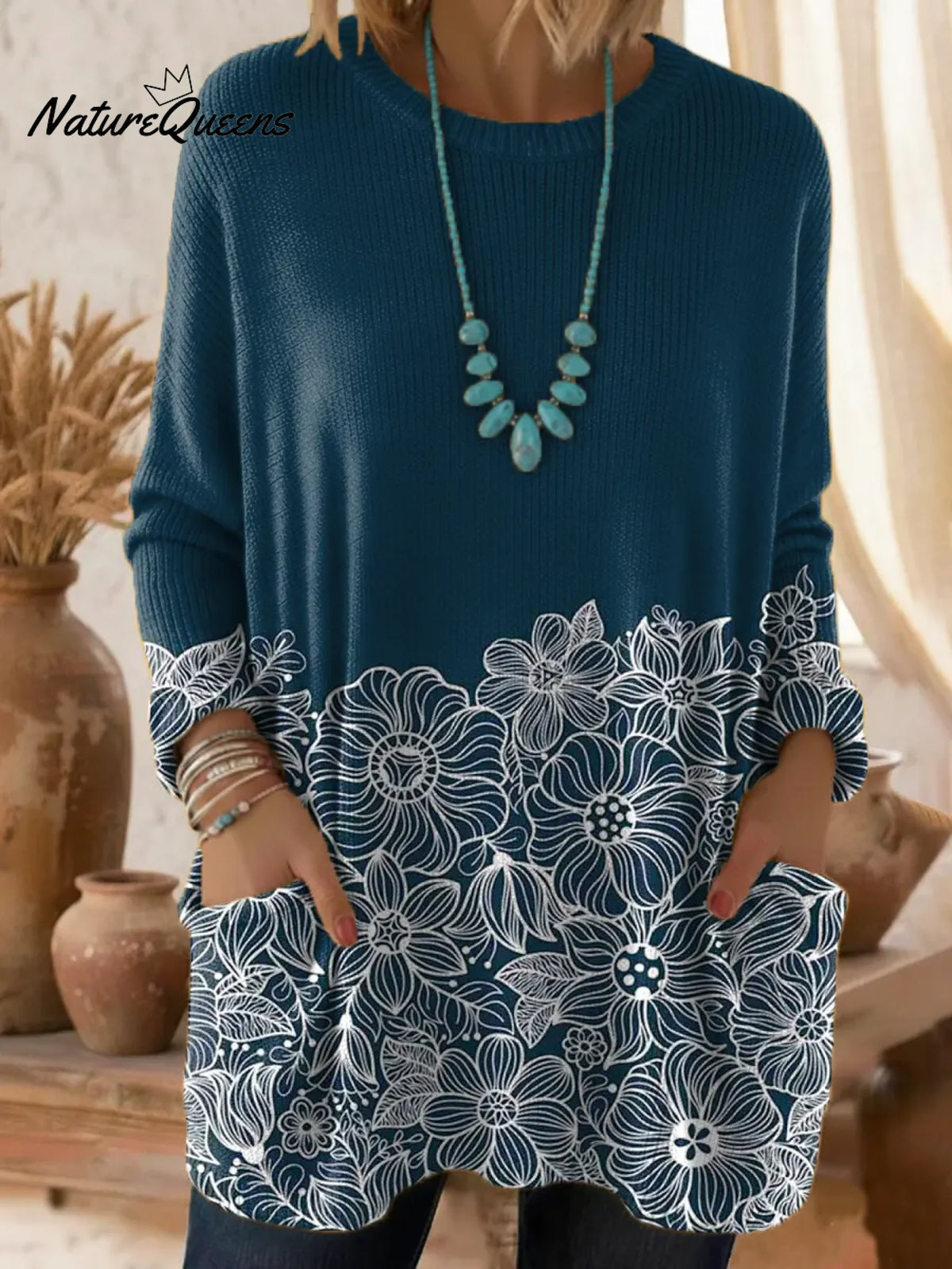 Women's Floral Pattern Art Print Casual Cotton Knitted Sweater