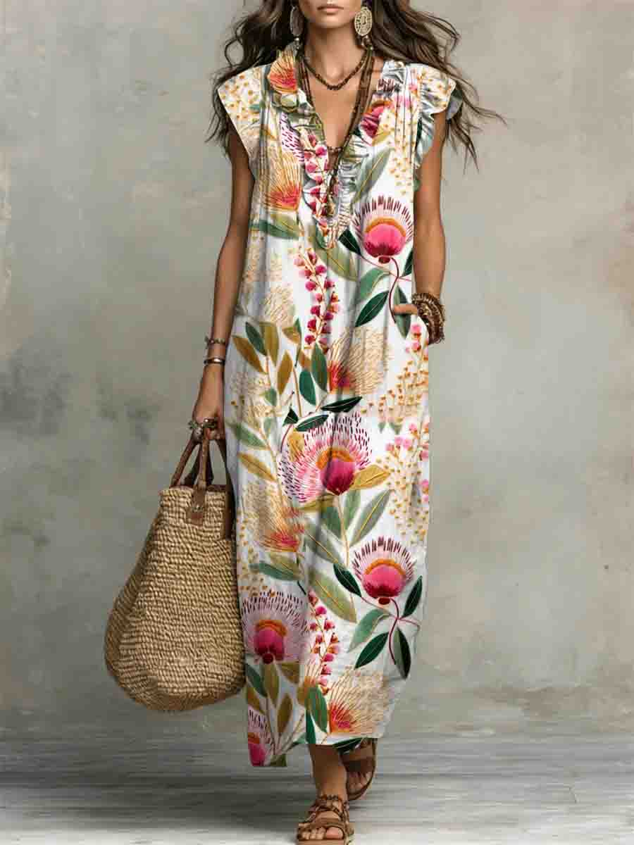 Women's Retro Floral Pattern Art Print Casual Ruffled Stylish Cotton Linen Dress