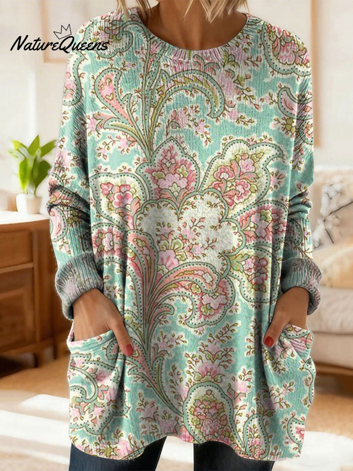 Women's Retro Floral Flower Ethnic Art Print Casual Cotton Knitted Sweater