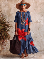Artistic Lily Print Boat-neck Cotton Dress With Ruffled Hem