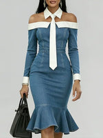 Women's Off-the-shoulder Long-sleeved Casual Loose Denim Slim-fit Dress