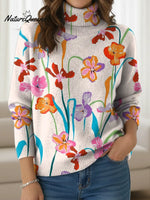 Women's Colorful Floral Art Print Turtleneck Sweater
