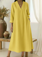 Casual V-neck Cotton And Linen A-line Dress