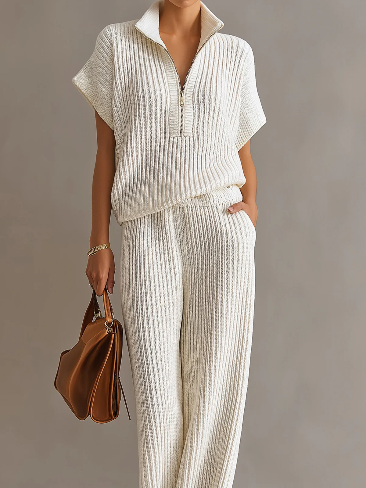 Casual Zippered Stand-collar Top And Straight-leg Pants Knitted Set