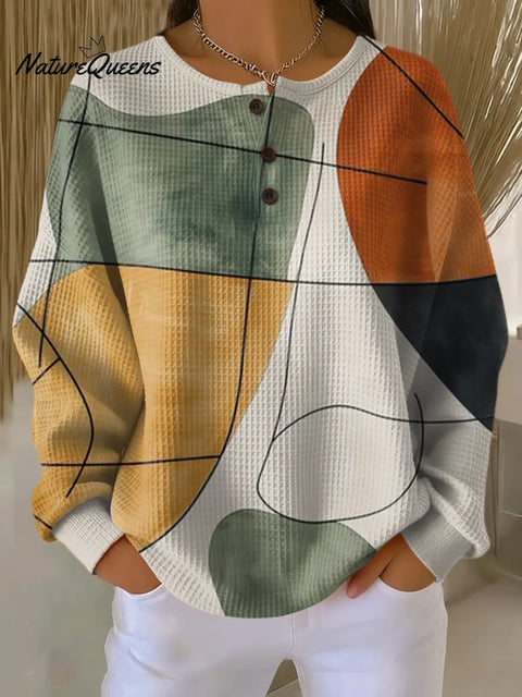 Women's Geometric Pattern Art Print Casual Waffle Sweatshirt
