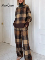 Women's Vintage PlaidArt Print Casual Knitted Cotton Top Pants Suit