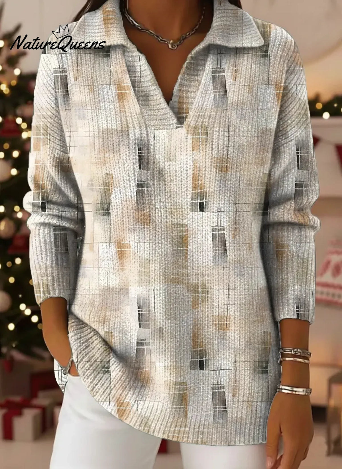 Women's Vintage Distressed Art Pattern V-neck Sweater