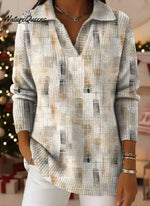 Women's Vintage Distressed Art Pattern V-neck Sweater