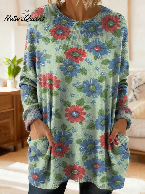 Women's Retro Floral Flower Ethnic Art Print Casual Cotton Knitted Sweater
