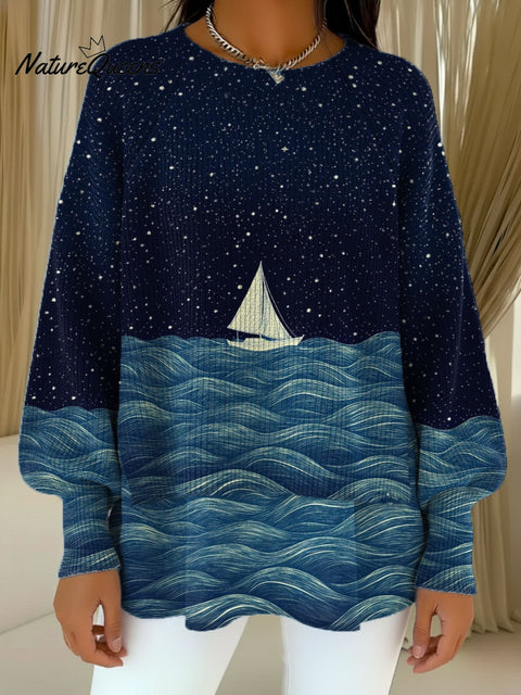 Women's Painting Of A Small Boat At Sea Decorative Pattern Casual Round Collar Long Sleeve Sweater