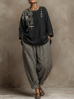 Bohemian Art Print Linen And Cotton Two-piece Top And Pants Set