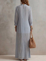 Women's Solid-Color Collared Long-Sleeve Casual Loose Cotton-Linen Dress with Ruffles