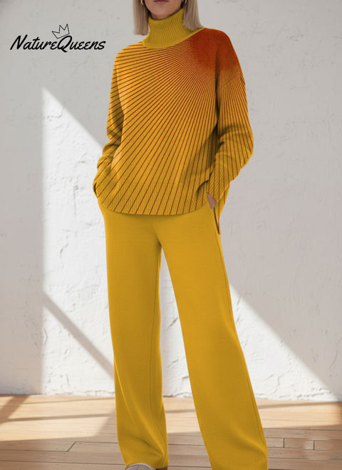 Women's Abstract Pattern Art Print Casual Knitted Cotton Top Pants Suit