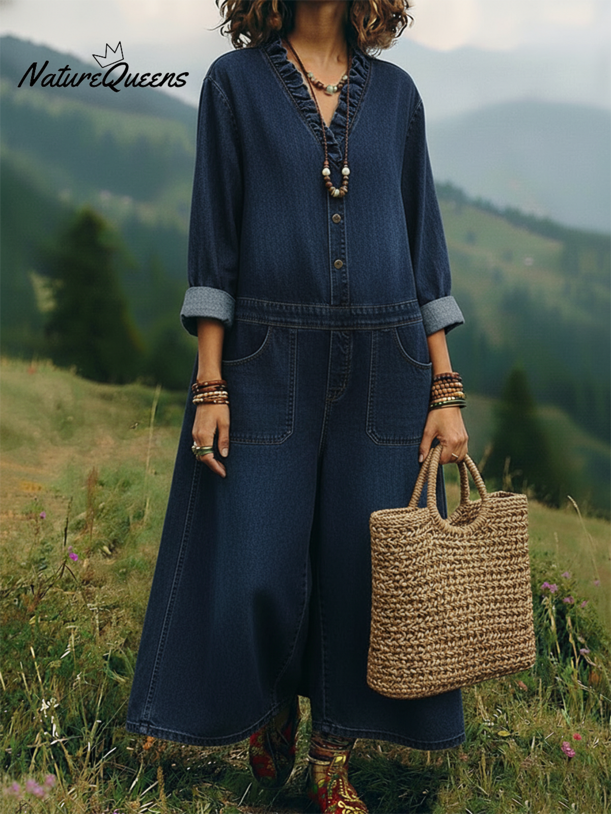 Casual Washed Denim Wide-leg Jumpsuit