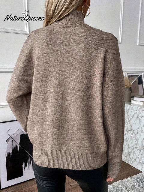 Women's Solid Color Casual Off-shoulder Turtleneck Knit Long-sleeved Sweater