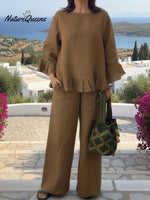 Elegant Ruffled Linen Top And Trousers Two-piece Set