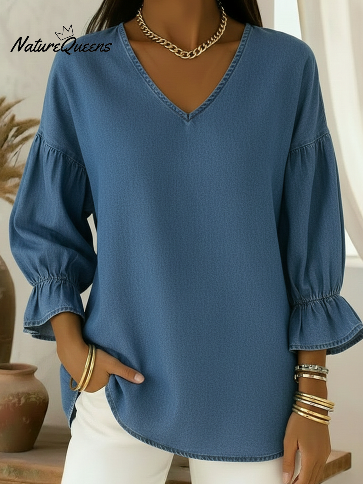 Casual V-neck Denim Shirt Top