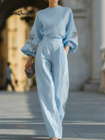 Women's Linen And Cotton Top And Trousers Two-piece Set