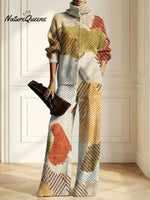 Women's Abstract Pattern Art Print Casual Cotton Knitted Suits