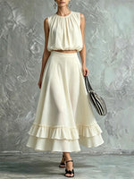 Women's Vintage Cotton-linen Sleeveless Round-neck Top And Ruffled-hem Maxi Skirt Set
