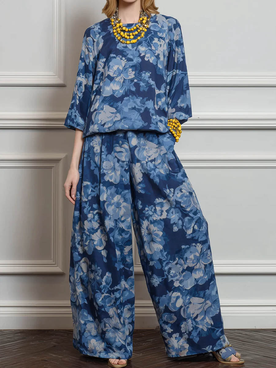 Women's Vintage-print Round-neck 3/4-sleeve Loose-fit Cotton-linen Top & High-waisted Wide-leg Pants Set