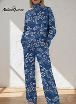 Women's Floral Pattern Art Print Casual Knitted Cotton Top Pants Suit