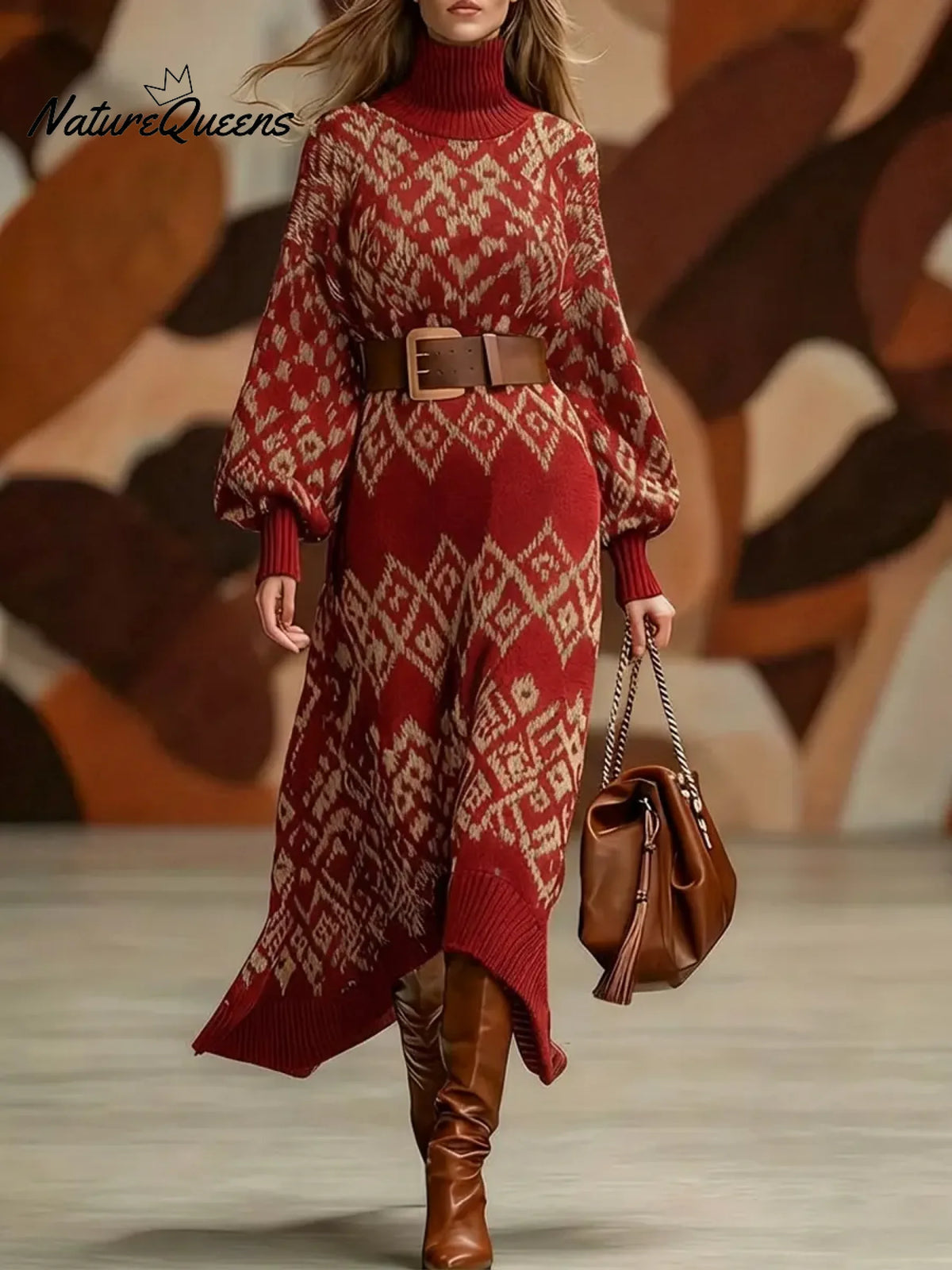 Women's Geometric Print Turtleneck Sweater Dress