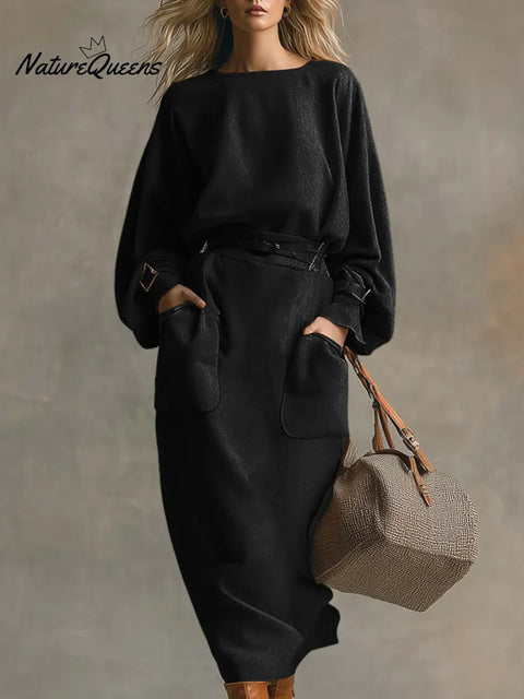 Women's Solid Color Round Neck Long Sleeve Casual Loose Dress