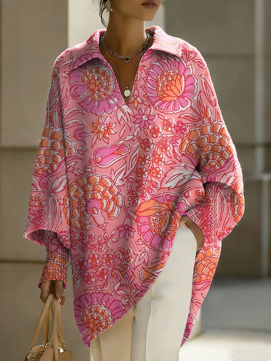 Women's Color Flowers Patterns V-neck Long-sleeved Casual Loose-fitting Knitted Pullover Sweater