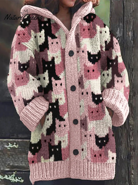 Women's Funny Cats Pattern Art Print Casual Fleece Coat