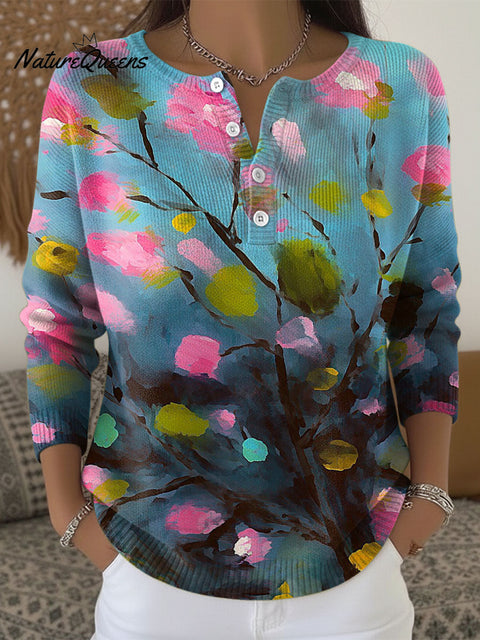 Women's Color Flowers Pattern Art Print Buttoned Cardigan Sweater