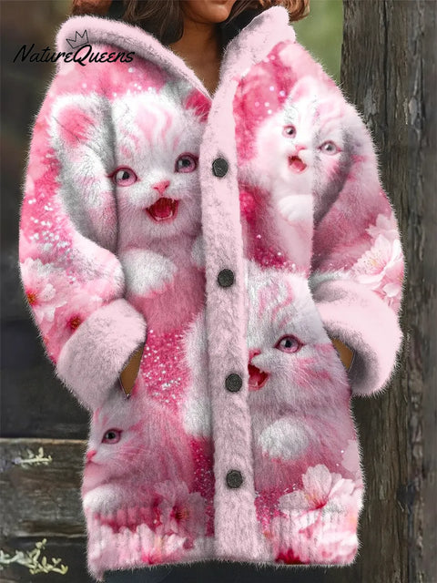 Women's Funny Cats Pattern Art Print Casual Fleece Coat