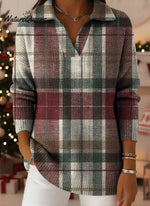Christmas Plaid Gradient Art Pattern Polo Collar Shiny Loose Sweater Top