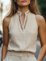 Minimalist Classic-collar Printed Sleeveless Linen-cotton Shirt