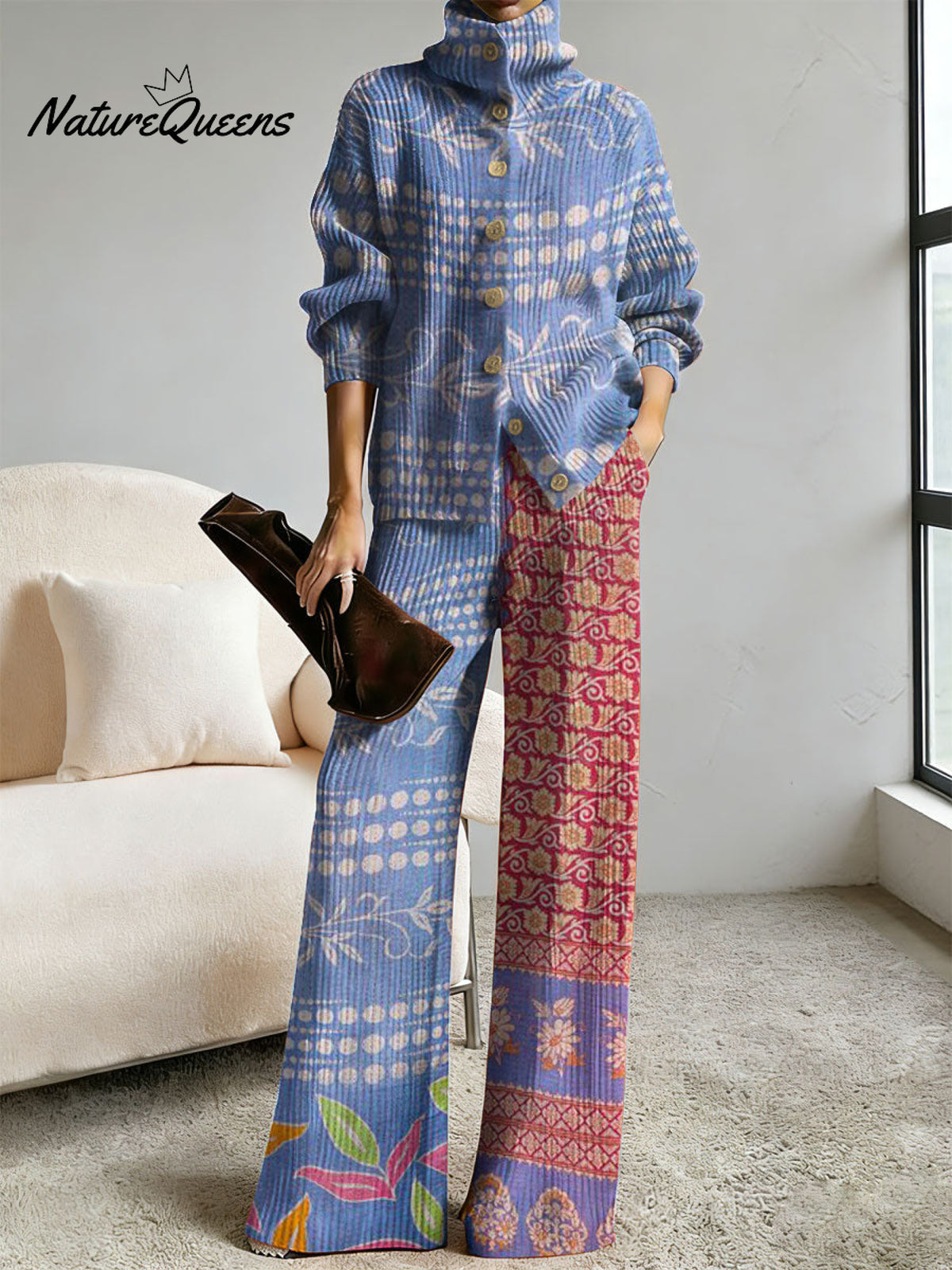 Women's Retro Abstract Geometric Colorful Splicing Patterns Art Print Casual Cotton Knitted Suits