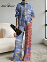 Women's Retro Abstract Geometric Colorful Splicing Patterns Art Print Casual Cotton Knitted Suits