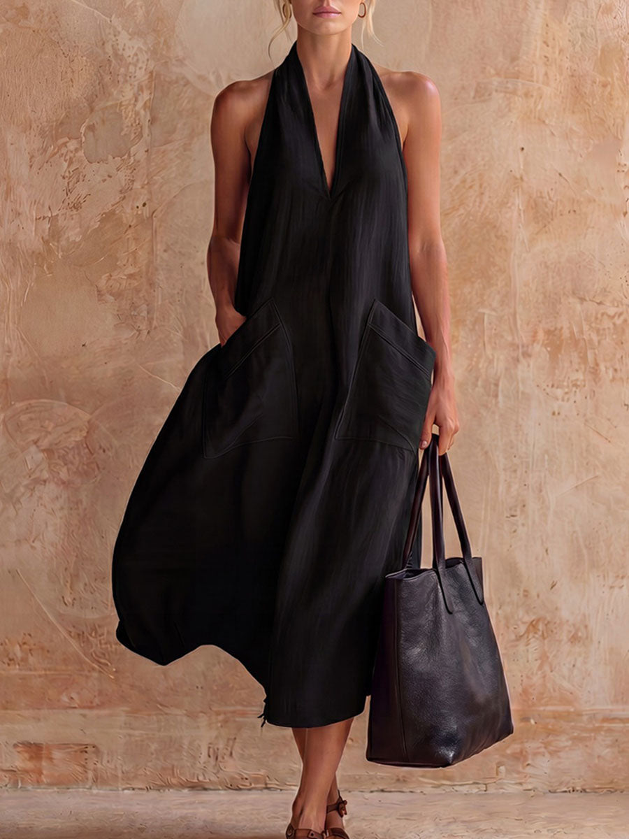 Women's Casual Retro V-neck Linen Slip Dress