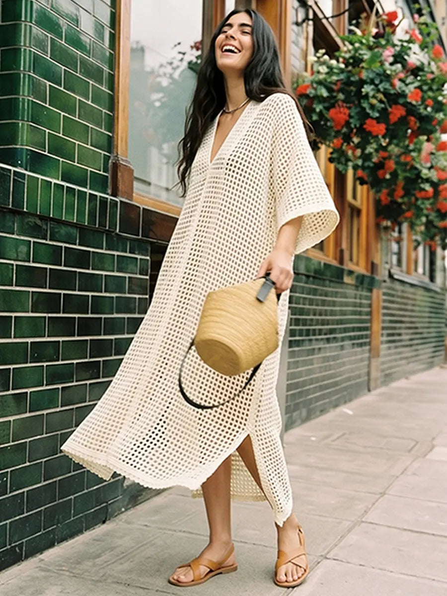 Women Deep V Neck Batwing Sleeve Open Crochet Mesh Kaftan Dress, Side Split Loose Oversized Beach Cover Up Maxi Dress