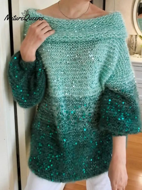 Dreamy Gradient Off-shoulder Loose Sequined Sweater Top
