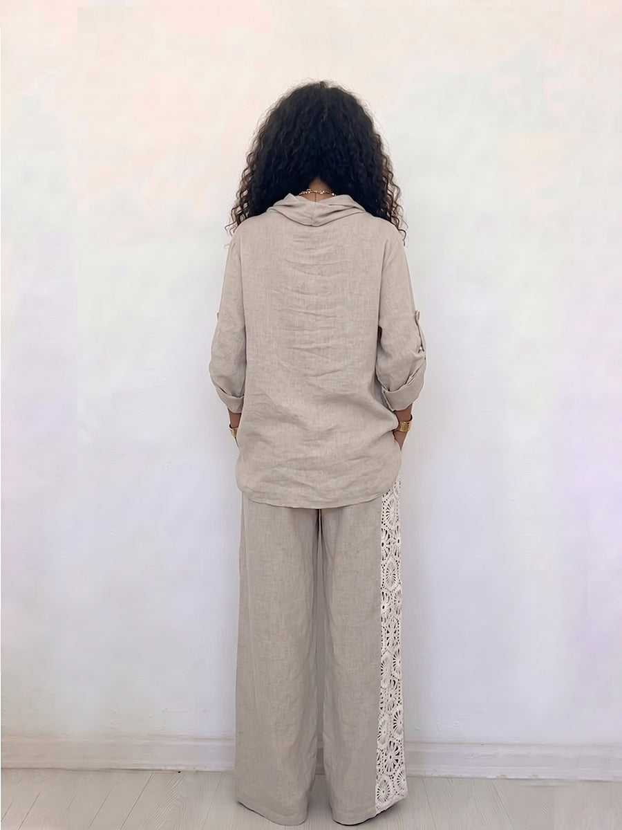 Women's Two-piece Set: Linen-blend Crew-neck Top And Wide-leg Pants With Lace-panel Detail – Casual Outfit