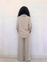 Women's Two-piece Set: Linen-blend Crew-neck Top And Wide-leg Pants With Lace-panel Detail – Casual Outfit