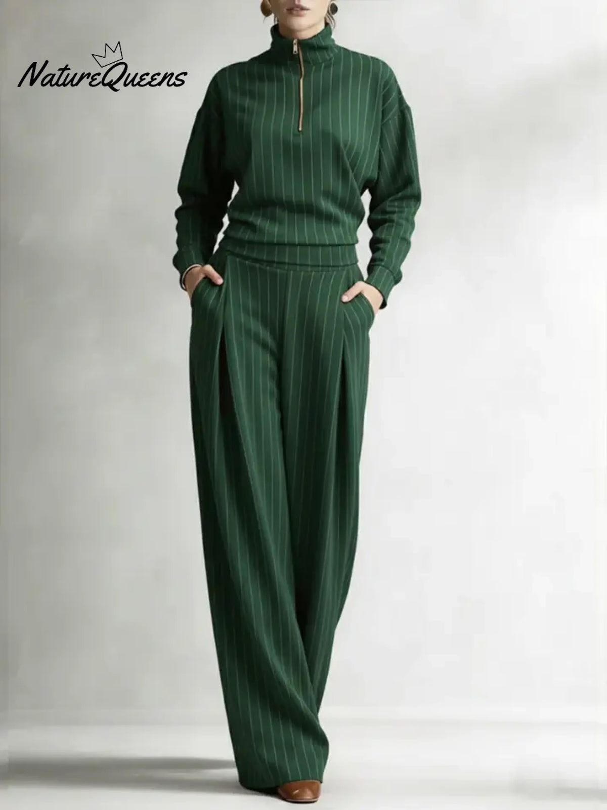 Women's Striped Stretch Cotton Half-zip Top And Wide-leg Pants Two-piece Set