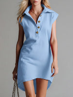 Women's Solid Color Lapel Short-sleeved Casual Loose Cotton Dress