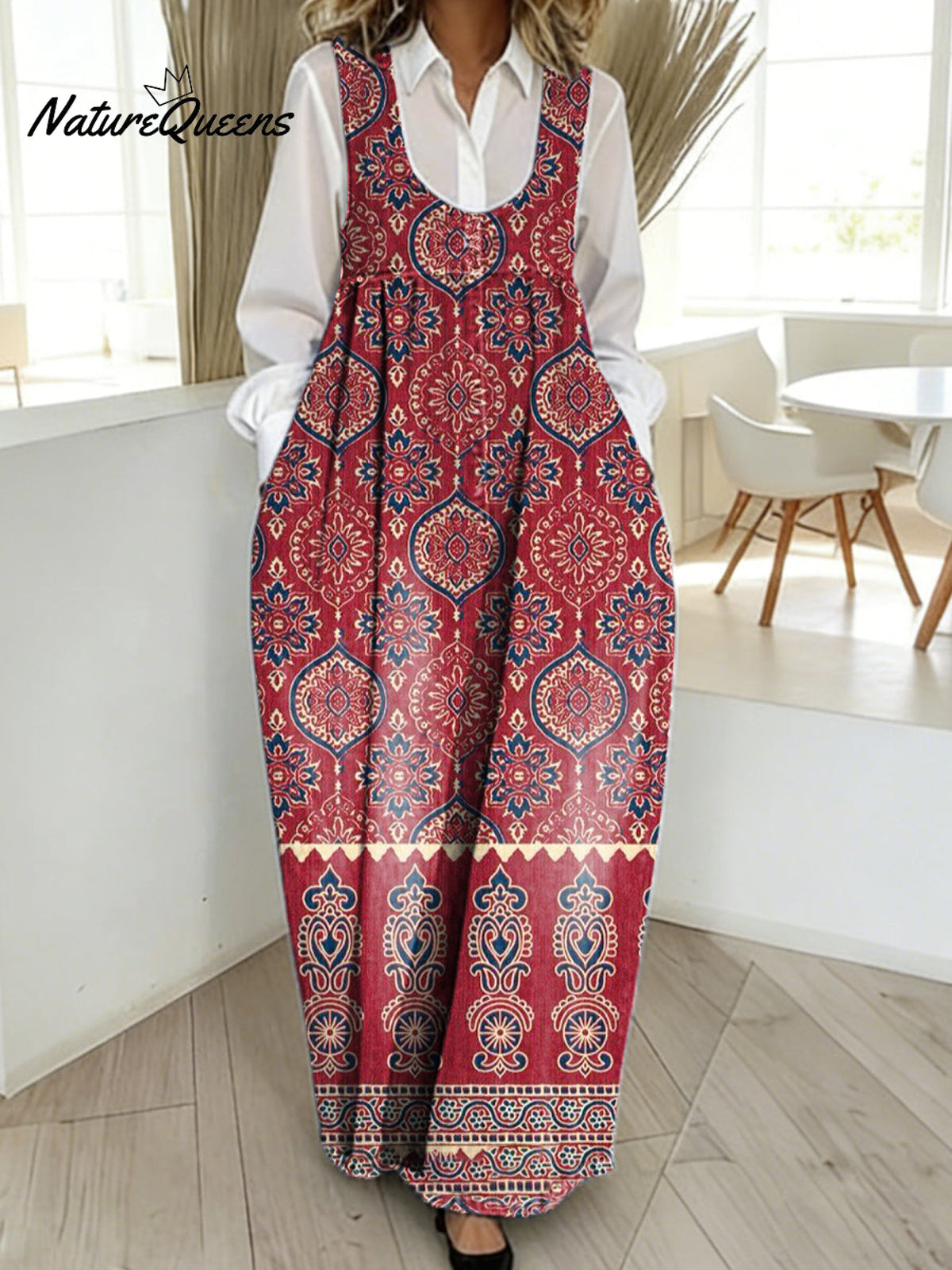 Women's Vintage Symmetrical Flowers Art Print Casual Cotton Denim Dress