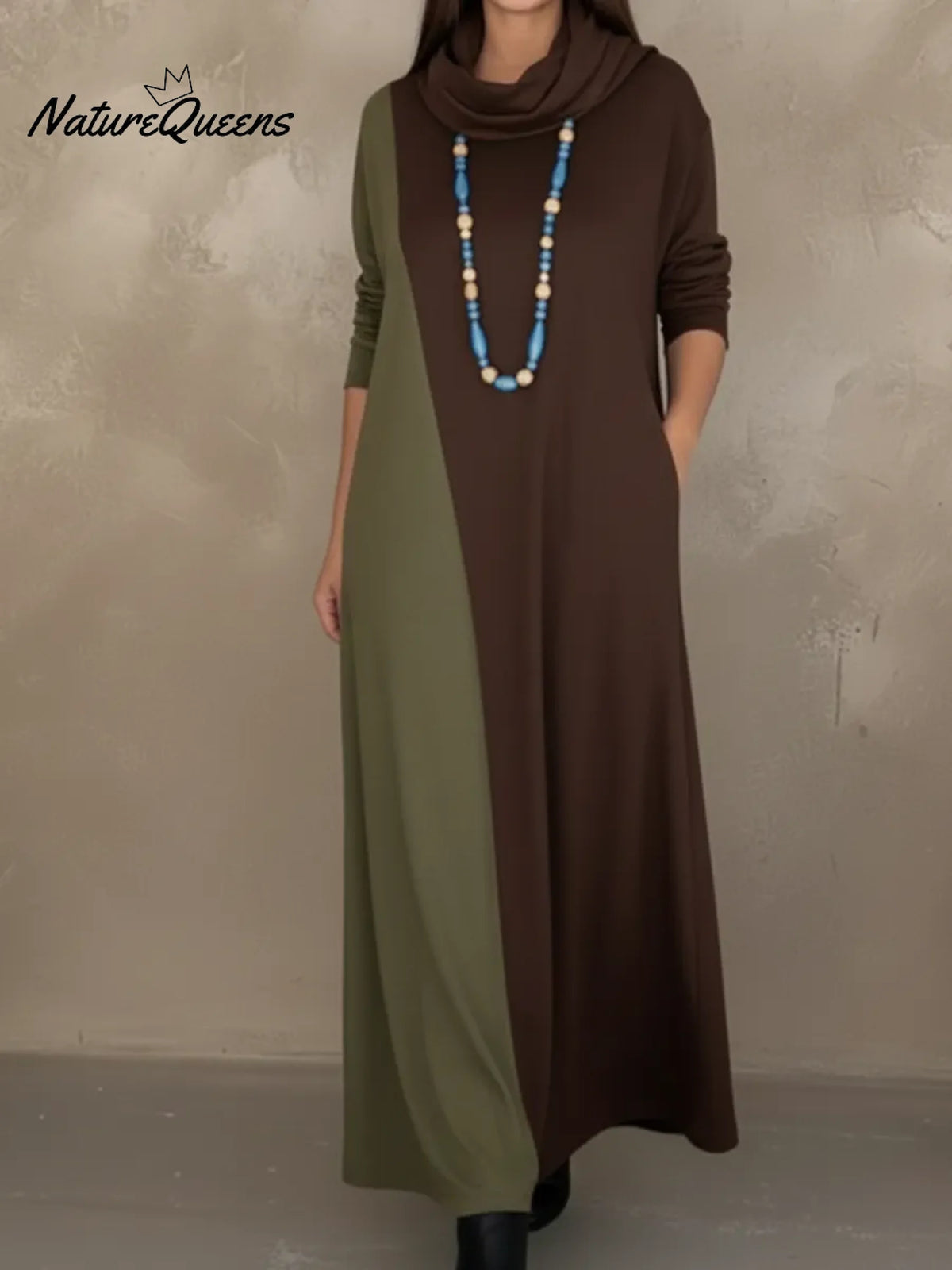 Retro Cowl Collar Color Block Knit Dress