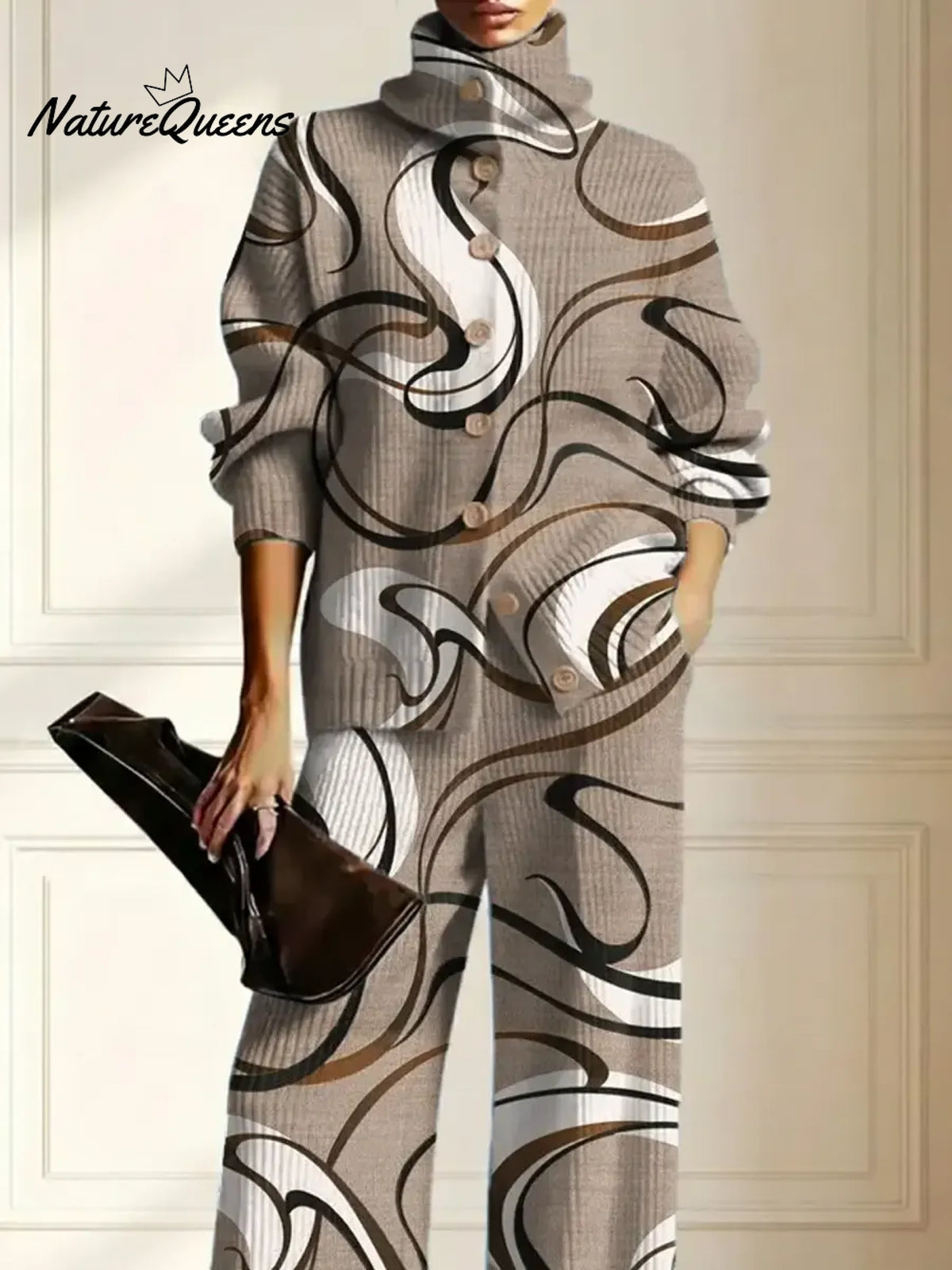 Women's Abstract Pattern Art Print Casual Cotton Knitted Suits