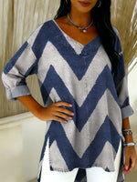 Denim Blue Zigzag Line Decorative Pattern Women's Casual V Neck Collar Shirt